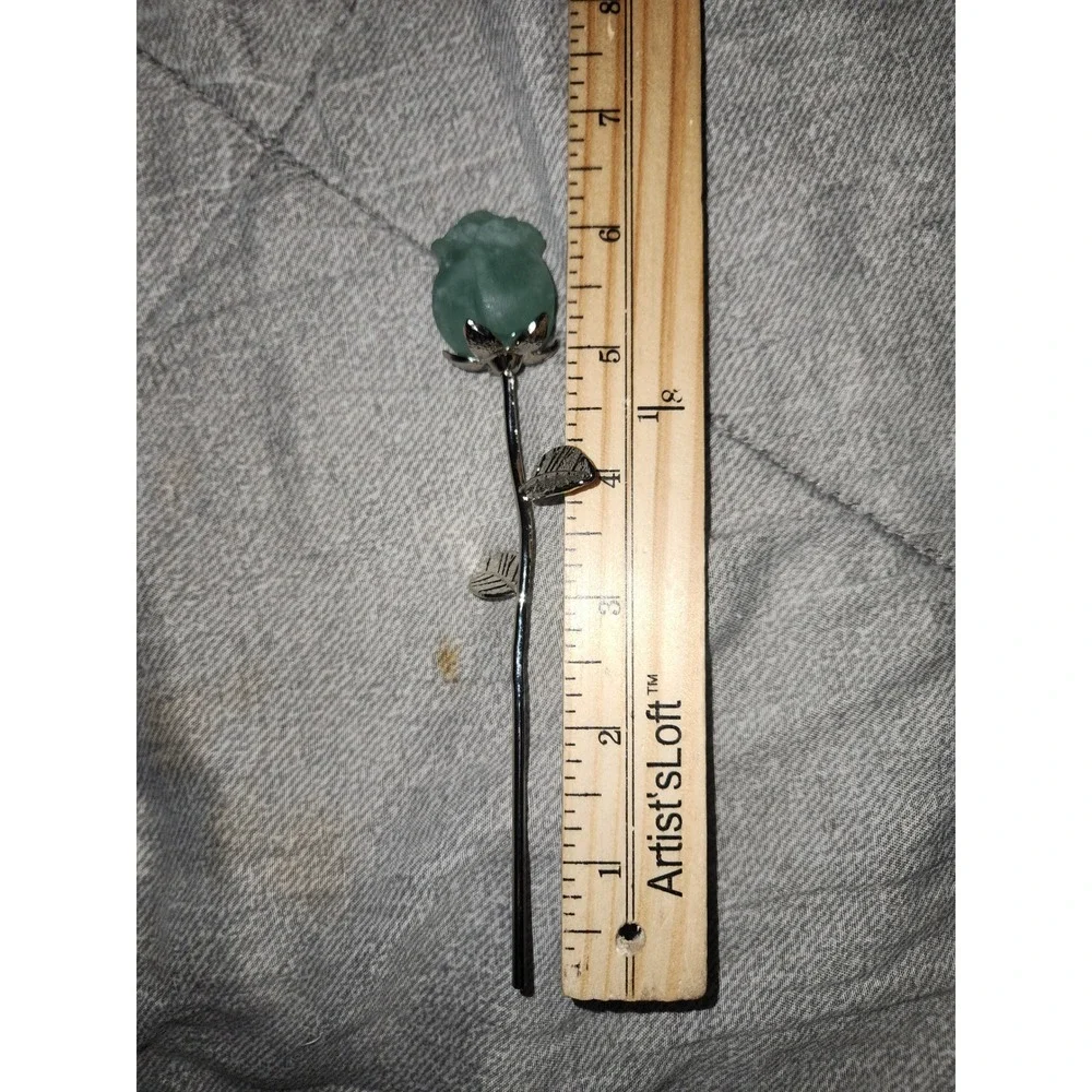 Green Fluorite Rose Hair Stick Silver Tone Metal Flower Bun Pin Accessory 6.25